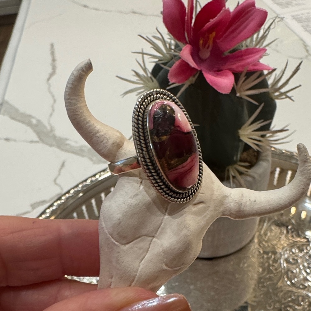 Sterling Silver and Rose Dahlia Oval Stone Ring